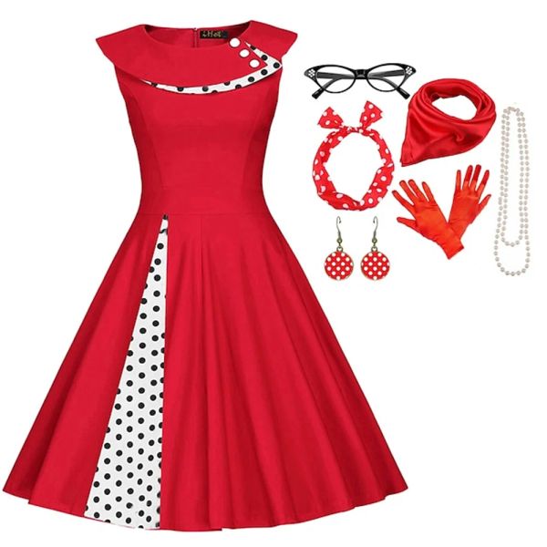

50s Outfit Flare Dress 7 Pcs 1950s Audrey Hepburn Accessories Set Retro Vintage Swing Dress Women's Party Date Festiva, Red