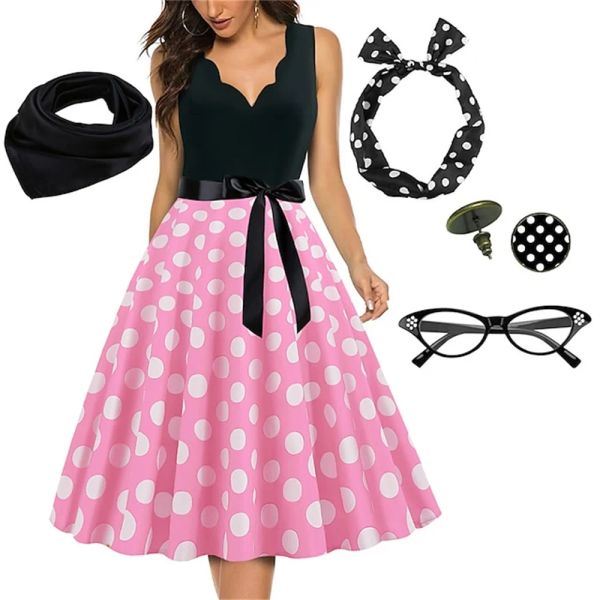 

Dress Flare with Accessories Set 1950s 60s Retro Headband Scarf Earrings Cat Swing Party Dress, Red