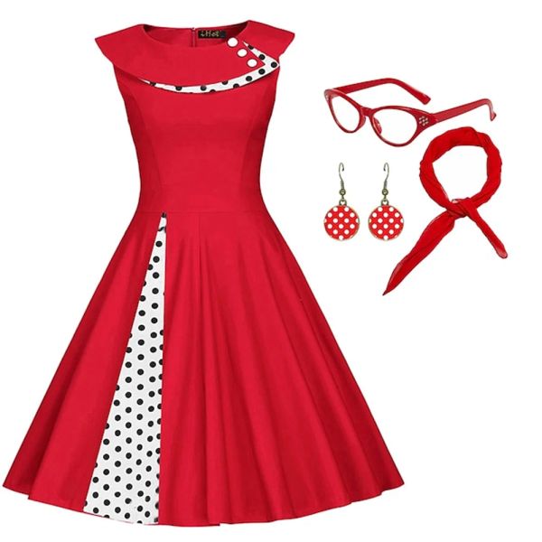 

1950s Audrey Hepburn Accessories Set Retro Vintage Swing Dress Women's Party Date Festiva 7pcs, Red