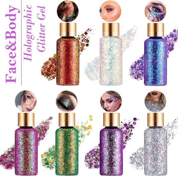 

Chameleon Holographic Face Body Glitter Gel for Face Body Nail Super Long Lasting Waterproof Quick Dry Liquid Chunky Glitter Eyeshadow Stage Festival Makeup, Choose from below options