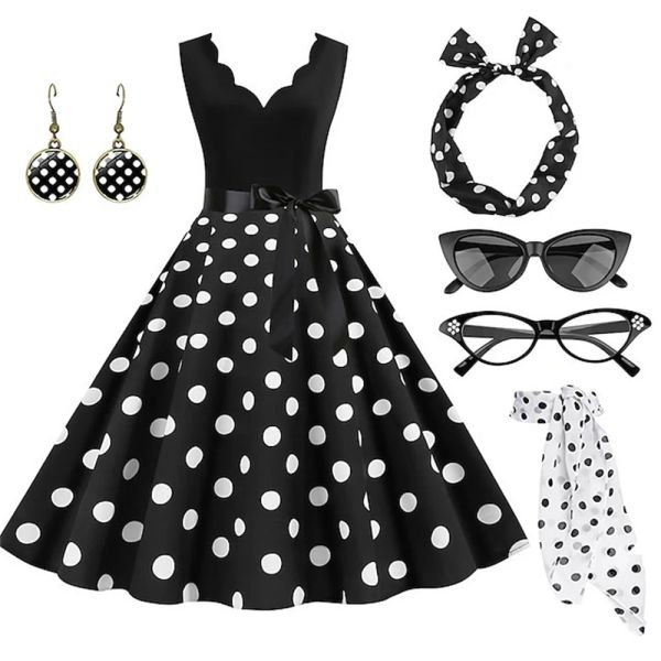 

New Women's Polka Dots Swing Flare Dress with Accessories Set Earrings Necklace Headband Glasses Gloves, Green