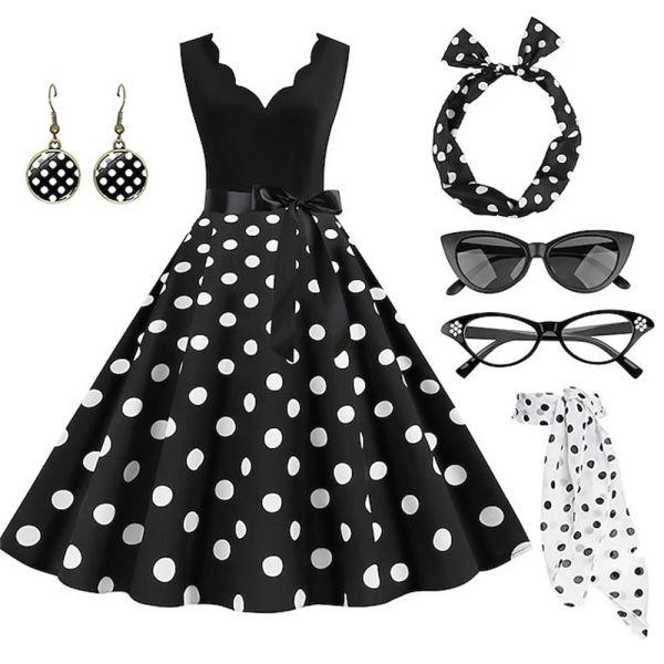 New Women's Polka Dots Swing Flare Dress with Accessories Set Earrings Necklace Headband Glasses Gloves, Green
New Women's Polka Dots Swing Flare Dress with Accessories Set Earrings Necklace Headband Glasses Gloves, Green