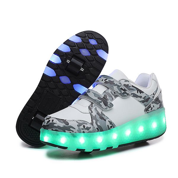 

PONERAIT Two wheels Luminous USB Charging Roller Skate Shoe Outdoor Casual Fashion Children Sneaker, White