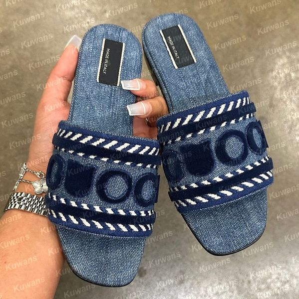 Designer Women Slides Sandals Flat Slippers Platform Denim Beach Jelly Rubber Script Embroidered Summer Fall Mules Outdoor Waterproof, Red