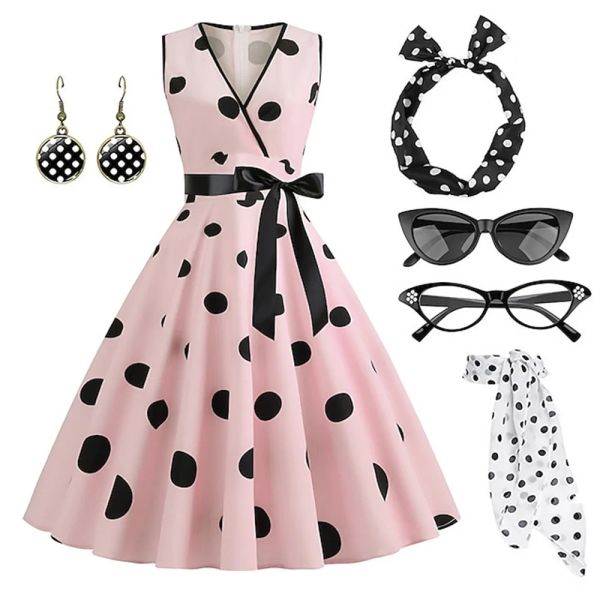 

Women's Rockabilly Dress Polka Dots Swing Flare Dress with Accessories Set Earrings Headband Glasses Gloves Dress, Red