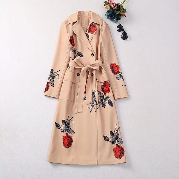 

women lady fomal grace rose print trench coat long designer fashion coats 0731, As photo