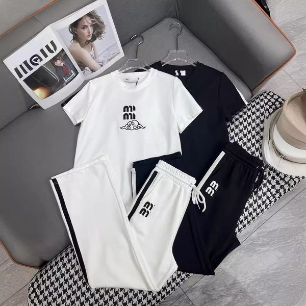 

Two piece set women designer t shirt MM 24ss New hooded short sleeved hooded top wide leg pants set with letter embroidered ribbon decoration, Black