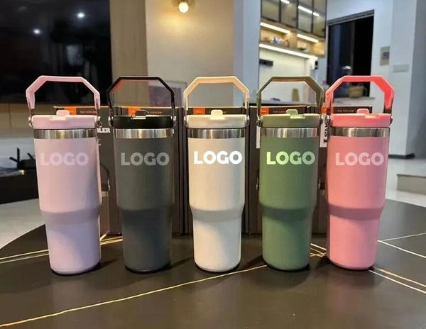 

20oz 30oz Tumbler Flip Cup With handle Straw And Lids Stainless Steel Coffee Termos Cup Reusable Leakproof Car Mugs vacuum Water Bottles With LOGO 0204, Multi