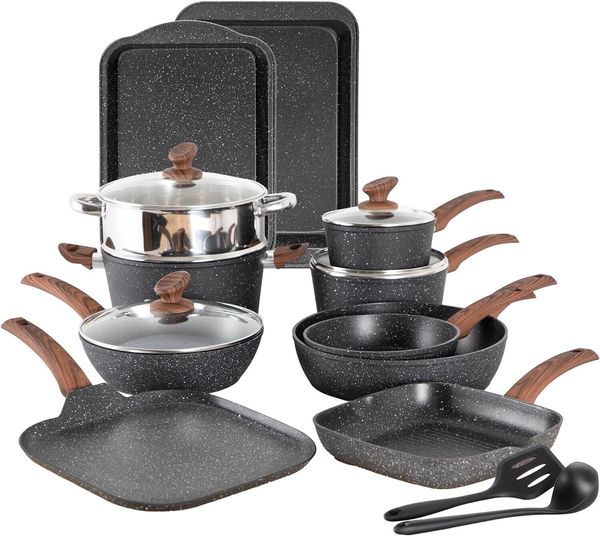 

Piece Cookware 17 Set Nonstick Kitchen Cooking Black Granite Pots and Pans, Purple