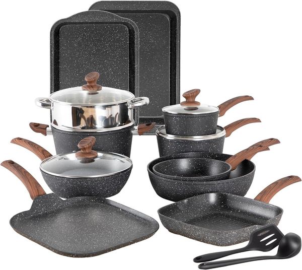 

Piece 17 Cookware Set Nonstick Kitchen Cooking Black Granite Pots and Pans, Purple