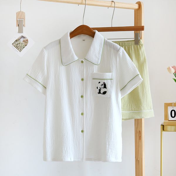 Women's pajamas, home clothing, summer slim, pure cotton gauze, cute, short sleeved shorts, home clothing, White+green crepe ab panda short set
Women's pajamas, home clothing, summer slim, pure cotton gauze, cute, short sleeved shorts, home clothing, White+green crepe ab panda short set