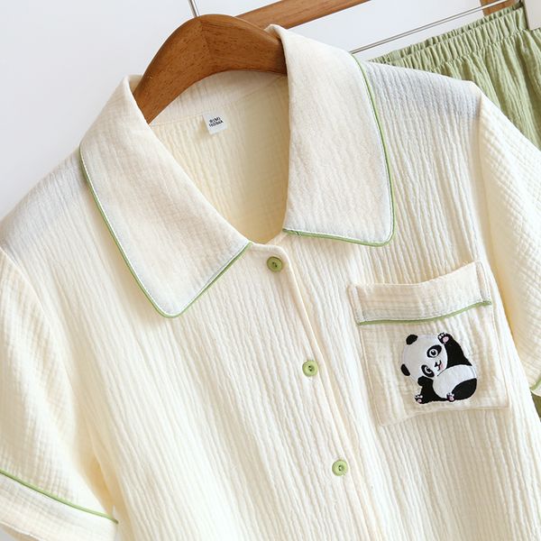 Pajama women's spring/summer short sleeved shorts set cartoon double-layer crepe soft thin loose fitting home clothing, Crepe ab panda short cover - white+green
Pajama women's spring/summer short sleeved shorts set cartoon double-layer crepe soft thin loose fitting home clothing, Crepe ab panda short cover - white+green