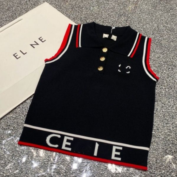 

Designer tank top clothes women cel 2024 new Polo collar metal buttons decorated with high end college style knitted logo letter embroidered vest top, C1