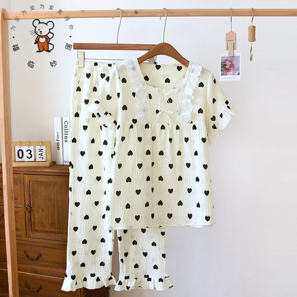 Pajamas Women's Spring/Summer Pure Cotton Short sleeved Long Pants Pajamas Sweet Princess Style All Cotton Crepe Cotton Set Home Fury Pullover, Crepe heart short sleeve cover
Pajamas Women's Spring/Summer Pure Cotton Short sleeved Long Pants Pajamas Sweet Princess Style All Cotton Crepe Cotton Set Home Fury Pullover, Crepe heart short sleeve cover