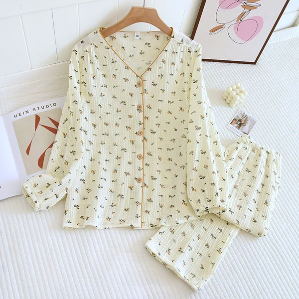 Women's pajamas, spring, autumn, summer, Japanese countryside style long sleeved cardigan, thin pure cotton gauze, minimalist home clothing set, Crepe abstract flower set
Women's pajamas, spring, autumn, summer, Japanese countryside style long sleeved cardigan, thin pure cotton gauze, minimalist home clothing set, Crepe abstract flower set