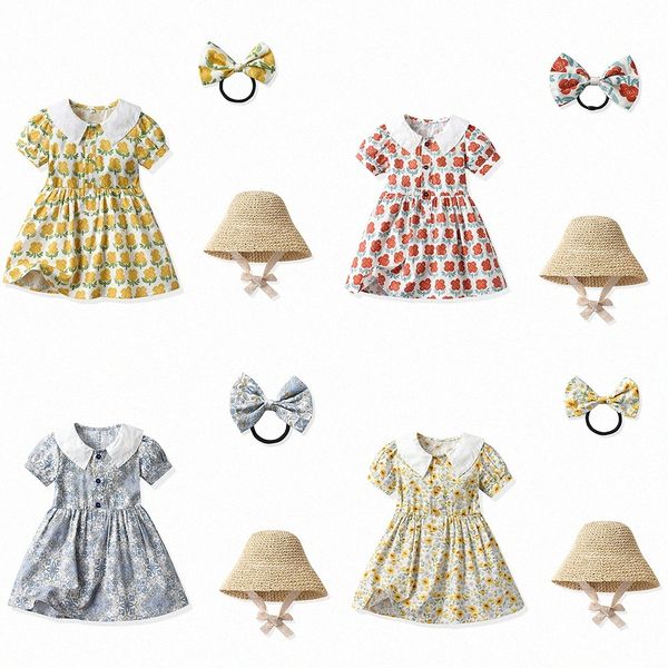 

Girls Dresses Summer Kids Fragmented Flower Dress Girl Baby Flip Collar Bubble Skirts Short Sleeve Sun Shade Hat Princess Dress Free Headrope size 70- j6WT#, Beige