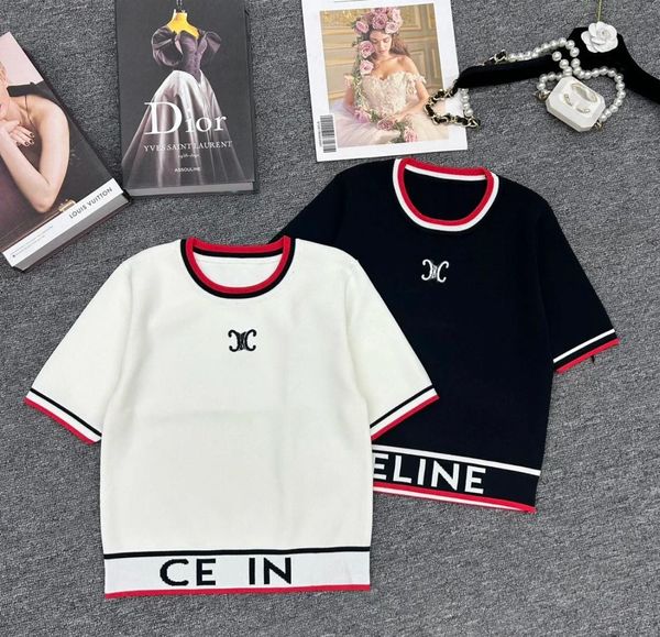 

designer clothes women tops women t shirt cellin 2024 New Letter Embroidered Short Knitted Wide edged letter logo design at the hem Cuff stripe color blocking, White