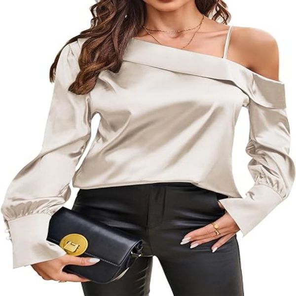 

ZAFUL Women' Satin-Silk-Tops 2024 Off The Shoulder Dressy Blouse for Party Casual Long-Sleeve Elegant Shirt, Beige