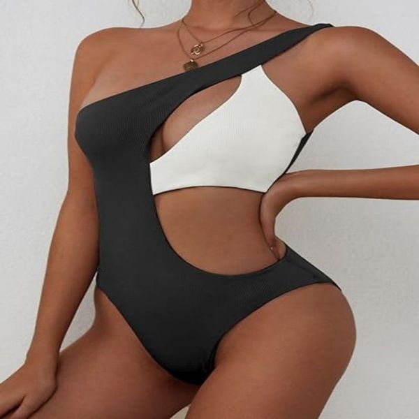 

ZAFUL Women' One Shoulder Ribbed Bikini Colorblock Cutout One-Piece Swimsuit Swimwear, Coffee