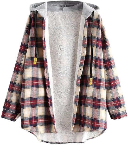 

ZAFUL Women's Plaid Fleece Lined Hooded Jacket Button Up Oversized Fuzzy Coat Checkered Flannel Hoodie Jacket, Darkred