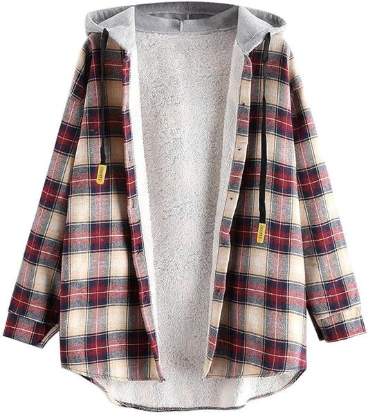 

ZAFUL Women's Plaid Fleece Lined Hooded Jacket Button Up Oversized Fuzzy Coat Checkered Flannel Hoodie Jacket, Darkred