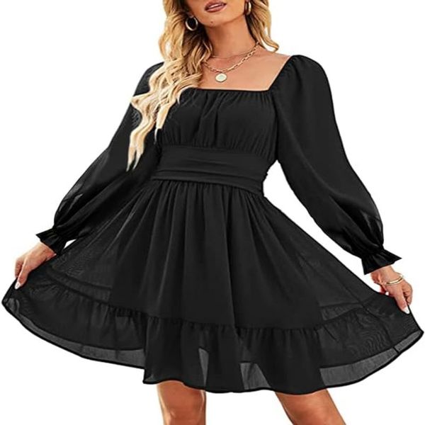 

ZAFUL Women's Square Neck Off Shoulder Tie Back Long Lantern Sleeve Ruffle Short Dress A-Line Mini Dress, Blue