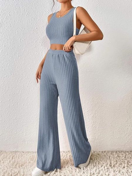 

ZAFUL Women Two Piece Pajamas Set O Ring Solid Ribbed Knit Crop Tank Top Wide Leg Pants Loungewear Set, Bluegrey