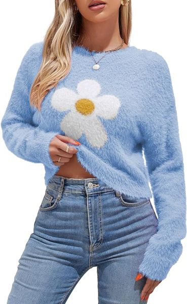 

ZAFUL Women's Fuzzy Knit Sweater Floral Daisy Print Long Sleeve Crew Neck Fluffy Casual Pullover Crop Tops, Blue