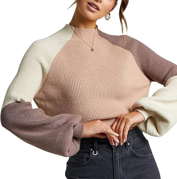 

ZAFUL Women' Mock Neck Color Block Sweaters Knitted Pullover Jumper Tops Casual Lantern Sleeve Cropped Sweater, Brown