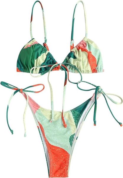 

ZAFUL Womens High Cut Thong Bikini Set Swimsuits Cami String Sexy Bathing Suit, Green