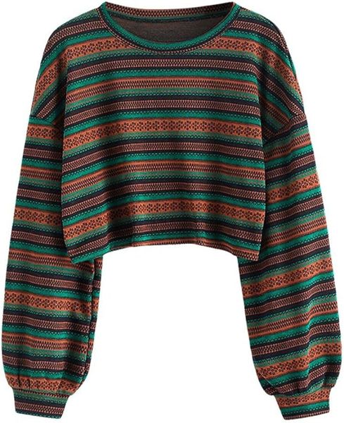

ZAFUL Women's Tribal Ethnic Graphic Cropped Knitwear Bohemian Long Sleeve Pullover Sweater Boho Drop Shoulder Knitted Top, Green