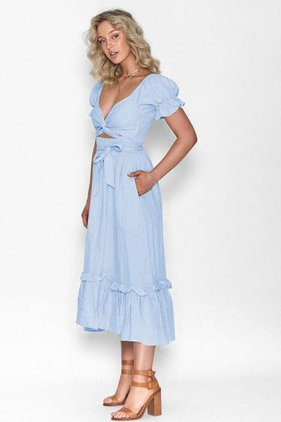 

ZAFUL 2023 Boho Maxi Dress for Women A Line Tie Waist Summer Dress Deep V Neck Smocked Wrap Dress, Blue