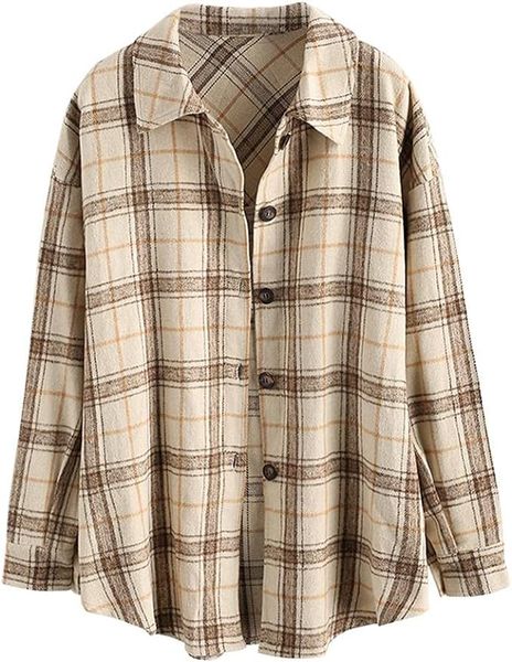 

ZAFUL Women's Plaid Long Sleeve Shirt Button Down Wool Blend Thin Jacket Casual Blouse Tops with Pocket, Brown