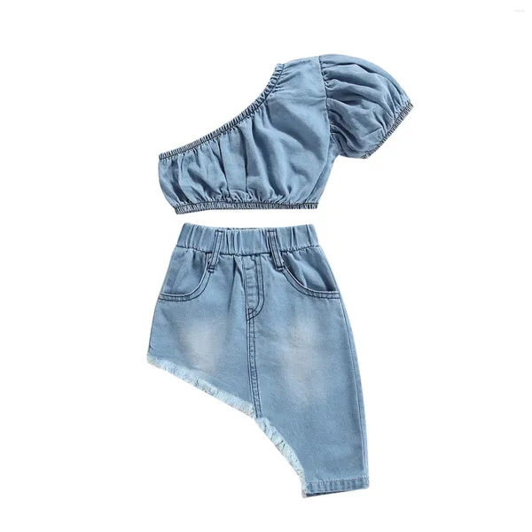 

Clothing Sets Girls Denim Clothes Set Children Summer Toddler Baby Solid Color Short Sleeve Off-shoulder Cropped Tops Irregular Hem Skirt, Blue