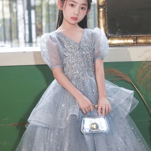 

Children's Dress Piano Performance Light Luxury Niche Girl Host Princess Dress Flower Child Little Girl Costume Blue