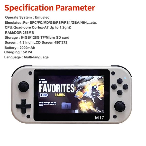 M17 Retro Game Handheld Game Console 4.3 Inch 480*272 LCD Screen 64G 128G Emuelec Video Game Player