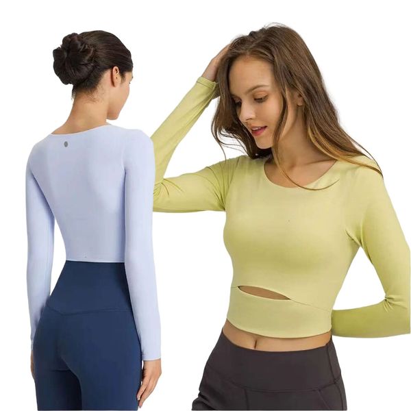 

T Shirt 2024 Lu Align Women's Workout for Women Tops Chest Pad Exposed Navel Yoga Sports Lemon Long-sleeved Fiess T-shirt Outdoor Cycling Tights Lemons Ops -, Brown