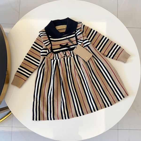 

baby girl designer clothes girl's long sleeved dress for spring and autumn warmth luxurious clothing sweater dress V-lapel pleated bow decoration dress, Champagne