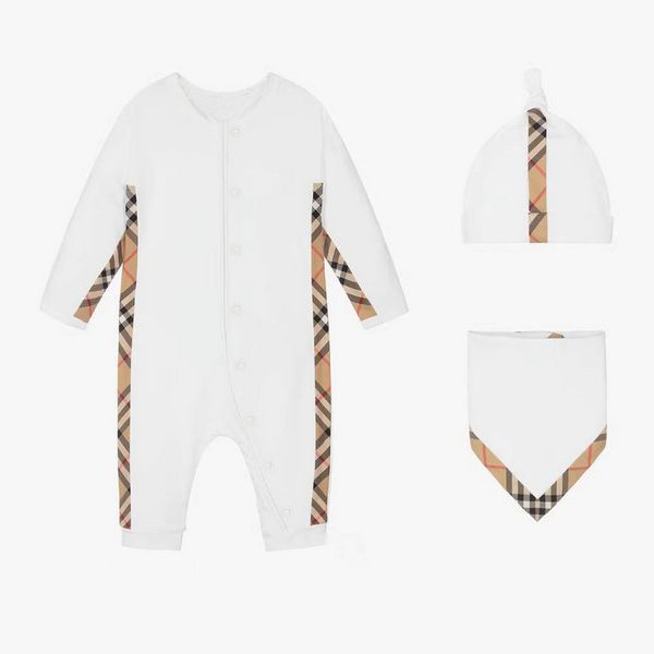 

100%cotton Baby Rompers Boy Girl 0-2 Years Old Newborn Luxury Newborn Long Sleeve Kids Designer Spring and Autumn Jumpsuit Hat Bibs 3 Piece Set, White b