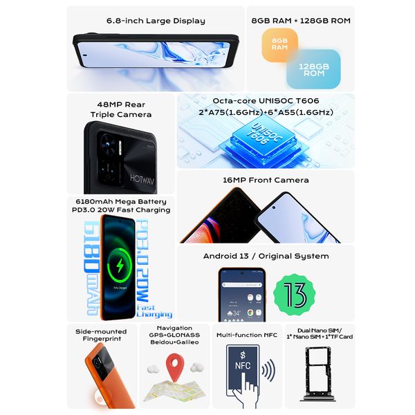 Note HOTWAV 12 Smartphone 6.8&#039;&#039; HD+ Android 13 8GB+128GB Octa-Core Mobile Phone 48MP NFC 6180mAh 20W Charging Cellphone 8GB+8GB