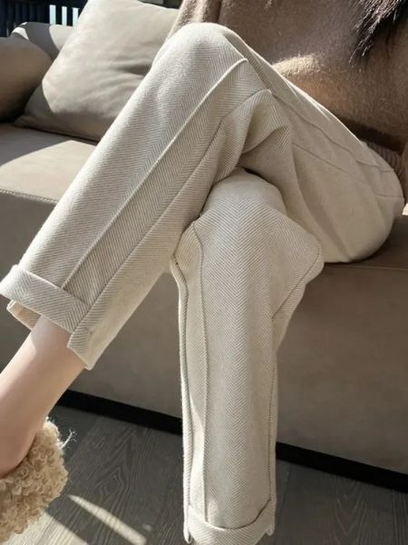 High-Waisted Tweed Straight Trousers