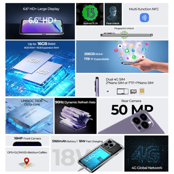 HOTWAV New Note 13 Pro Smartphone Android 13 6.6&#039;&#039; HD+ 90Hz Refresh Rate 16GB(8+8)+256GB Cellphones 50MP 5160mAh Mobile Phones