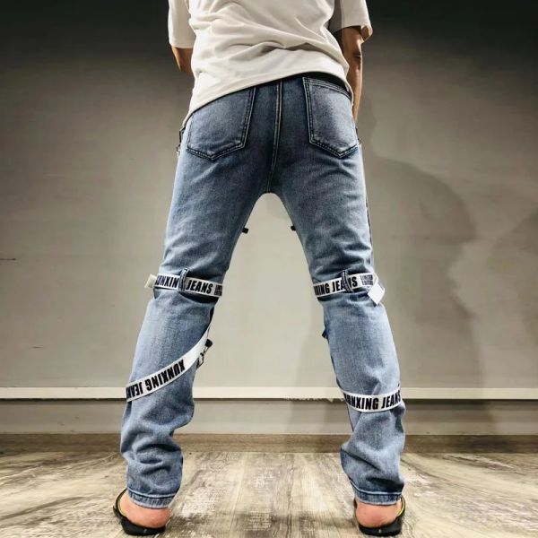 Techwear 2023 Spring New Mens Patch Webbing Denim Trousers Foot Zipper Ripped Jeans Hip Hop Vintage Skinny Jeans Man Cargo Pants