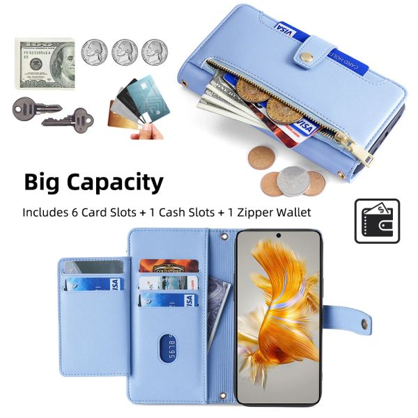 Zipper Wallet Phone Case Cover for Xiaomi Redmi Note 11T 10 Lite 10S 9 8 7 6 5 Pro Note 4X 4 3 Crossbody Phone Case with Strap