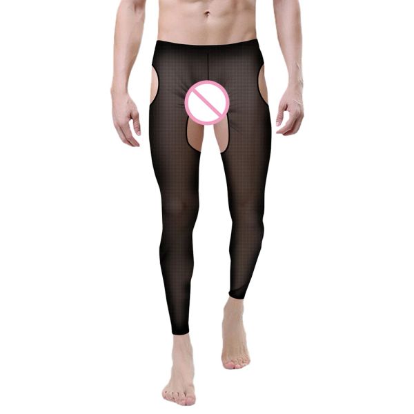Mens Elastic Long Johns Sexy Transparent Mesh Hollow Underwear Tight Legging Pants Tights Lingerie Ultra Thin Sheer Pants