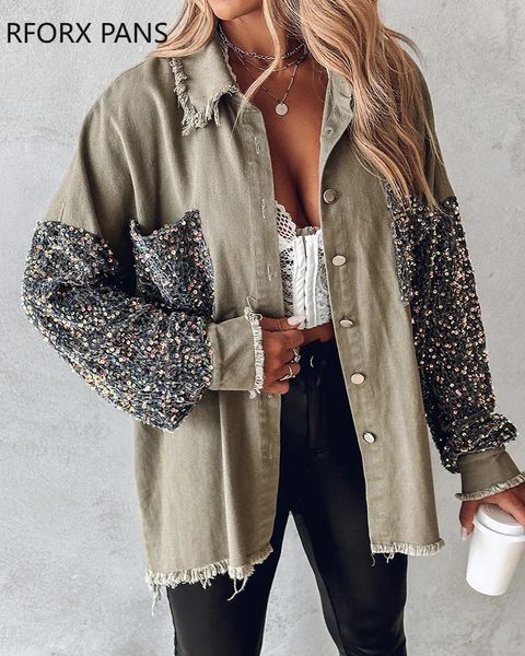 Women's Denim Jackets Coats Contrast Sequin Raw Hem Shacket