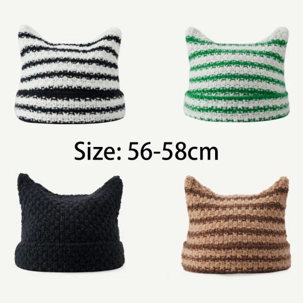 

Autumn and Winter Warm Wool Female Cute Cat Ears Korean Version Fashion Striped Knitted Hat Net Red Pullover Hat, Black1