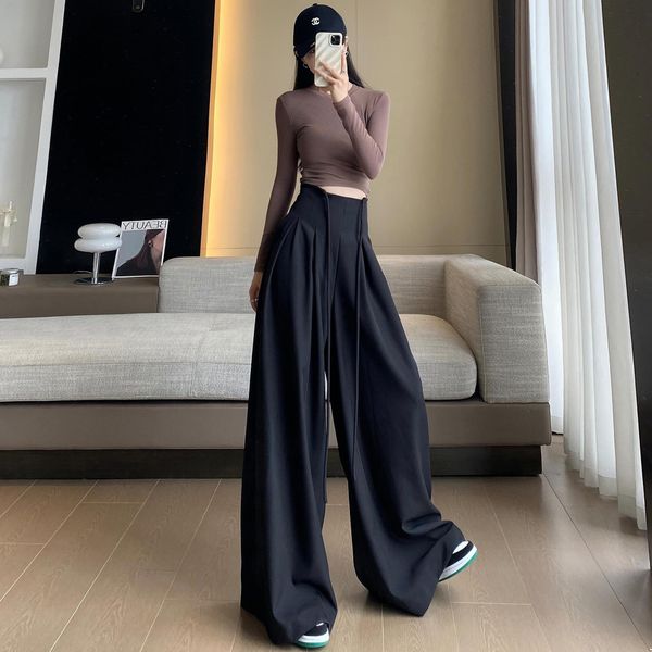 

Designer pants women high waist wide leg loose pants women solid fashion oversize womens clothing straight leg pants high waisted slimming casual, Black