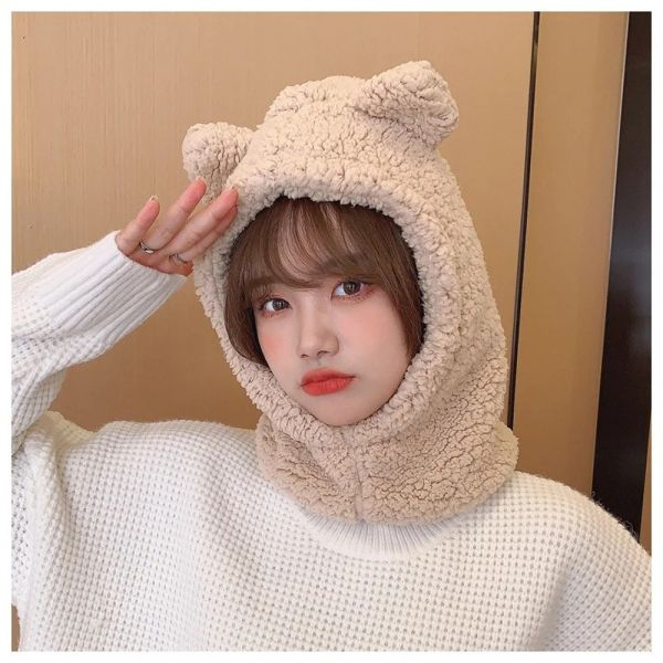 

Cute Bear Ears Beanies Women Winter Head Hood Scarf Hat Cap Thicken Cozy Warm Bonnet Female Lamb Balaclava Riding Bobble Hat