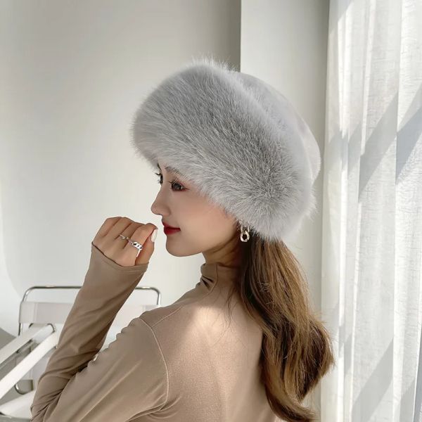 

Winter Hat for Women's Imitation Fur Fox Pullover Hat Outdoor Warm Thick Beret Mongolian Princess Ear Protection Cap, Grey